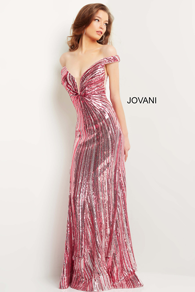 jovani Jovani 04809 Pink Fuchsia Off the Shoulder Prom Gown